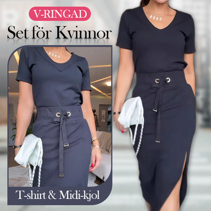 V-ringad T-shirt & Midi-kjol Set för Kvinnor
