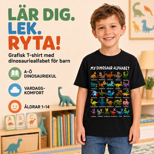 Barn-T-shirt med dinosaurie- och alfabetstryck