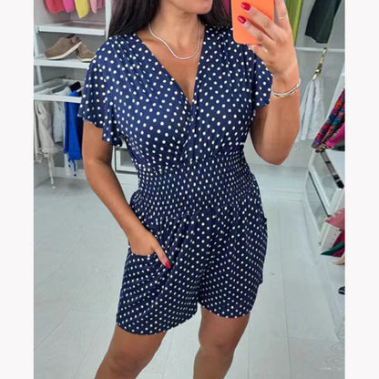 💕V-ringad prickig en-delad jumpsuit med shorts