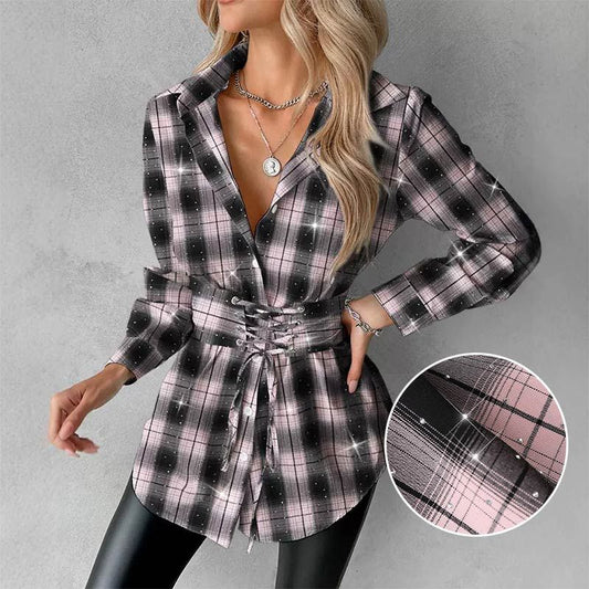 Plaid Print Lace-up Front Shining Rhinestone Decor Shirt for Women