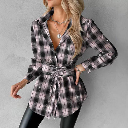 Plaid Print Lace-up Front Shining Rhinestone Decor Shirt for Women