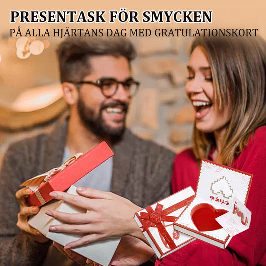 Presentask för smycken på Alla hjärtans dag med gratulationskort