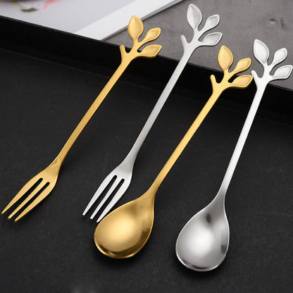 Vintage-Löffel & -Gabel aus Edelstahl mit Blattmotiv