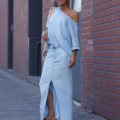 ✨Klädsel för arbete och pendling✨Damtopp med diagonala axlar och lång denimkjol med slits + vävd väska