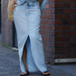 ✨Klädsel för arbete och pendling✨Damtopp med diagonala axlar och lång denimkjol med slits + vävd väska