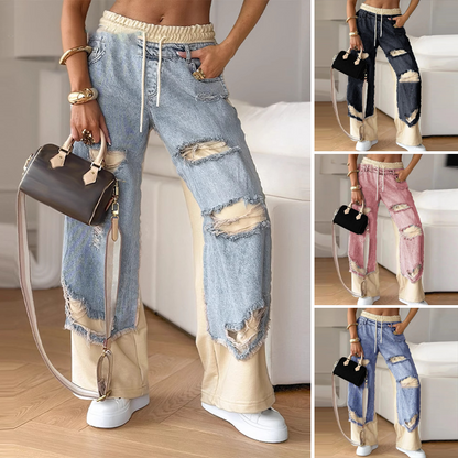 🍁Tidig hösterbjudande✨Patchwork denimbyxor med elastiska dragsko och vida ben