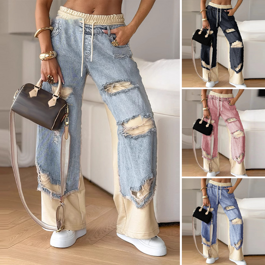 🍁Tidig hösterbjudande✨Patchwork denimbyxor med elastiska dragsko och vida ben