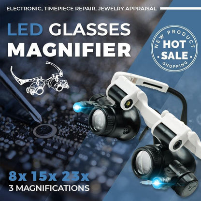 LED-Glasögonförstoringsglas 8x/15x/23x | Med LED-lampor och utbytbara linser