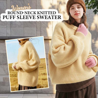 Women's Round-Neck Knitted Puff Sleeve Sweater