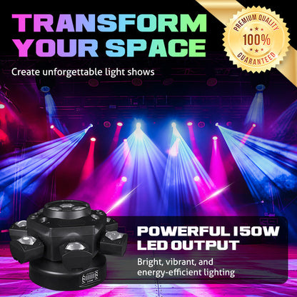 🎵 50 % RABATT NU! 💡 LED-stämningsbelysning med flera strålar – 6 rörliga armar, 150W & DMX – perfekt för fest och scen ✨