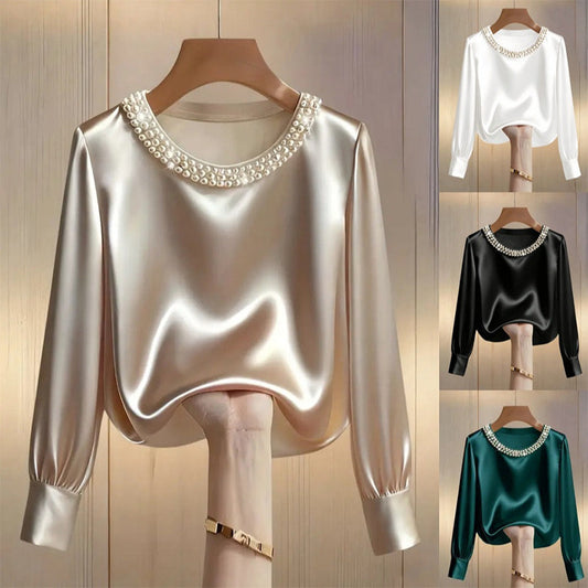🔥Nyheter🔥Elegant satinblus med rund hals och syntetiska pärlor för damer