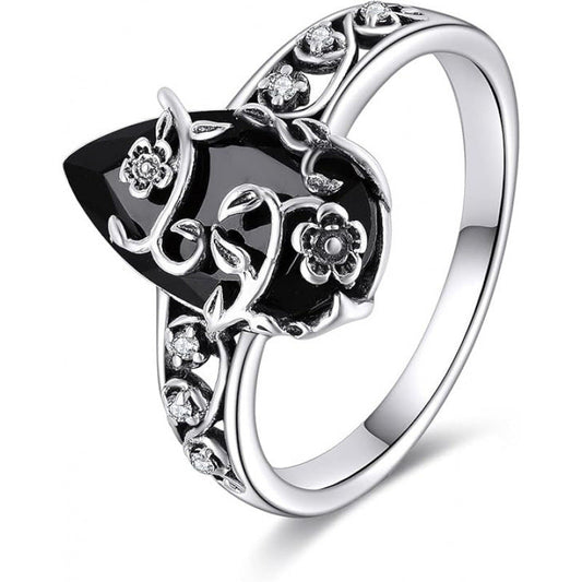 💍 50% RABATT 🌸 | Bohemisk Vintage Ring – Blommönster & Svart Ädelsten