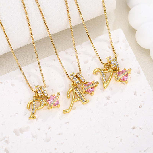 Initial Letter Necklace with Pink Heart Charm