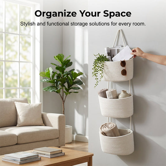🧺 50% RABATT NU! 🌿 3-Nivå Vägg-Hängande Förvaring – Boho Rep & Utrymmesbesparare – Organisera med Stil 🏡