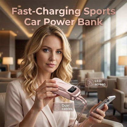 Powerbank med sportbilsdesign och två kablar