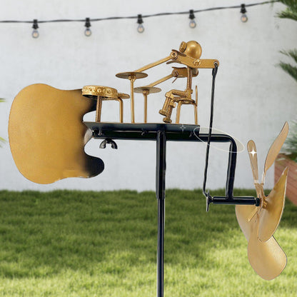 Decoração Artesanal de Catavento de Metal com Baterista para Jardim com Estaca de Fixação no Solo