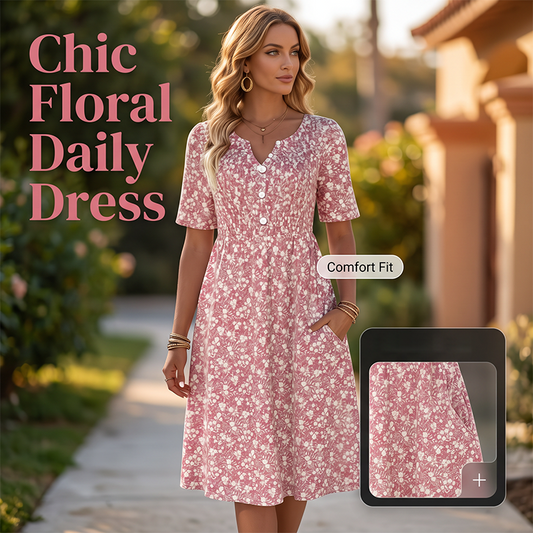 👗 50% RABATT NU! Women's Casual V‑Ring Printklänning med Fickor – blommigt mönster, mjukt tyg & praktiska sidofickor – perfekt för vardag och sommar 🌸☀️