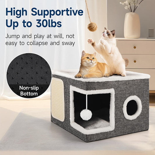 🐱 50 % RABATT NU! 🏠 Vikbar 2-i-1 kattlåda – två nivåer, integrerad klösmatta & hopfällbar design – perfekt för små utrymmen 🧶